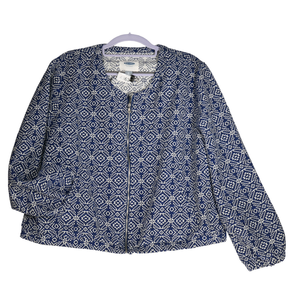 NEW Old Navy Blazer Jacket Womens XL Blue Geo Full Zip Pockets Cotton Blend